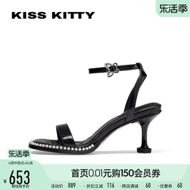 kisskitty2024夏季一字带，时装凉鞋黑色珍珠，细跟绝美增高女鞋