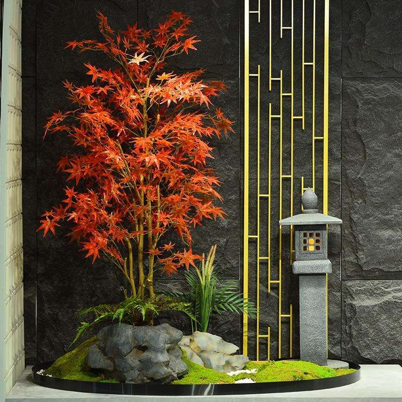 仿真红枫景观新中式室内装饰造景楼梯下拐角假山石组合落地摆件
