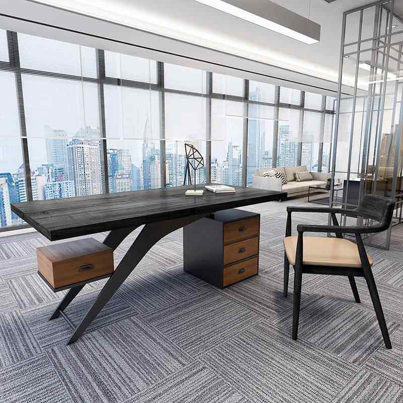 美式loft实脑办公桌计师创意大板工作台设FY208280单人木台式电桌