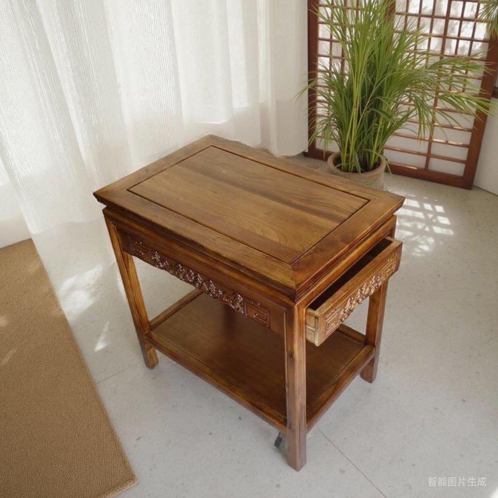 全实木中式正方形边实木桌榆木客厅四方小茶几边柜花架沙发边几
