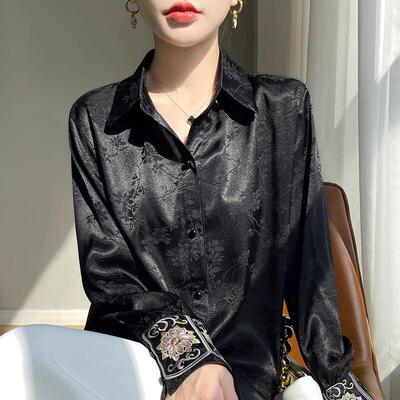 高级感国风刺绣长袖衬衣2025女秋款醋酸缎面提花新中式气质薄衬衫