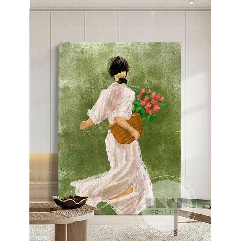中古风美式客厅装饰画花季少女人物手绘油画玄关过道绿色复古挂画