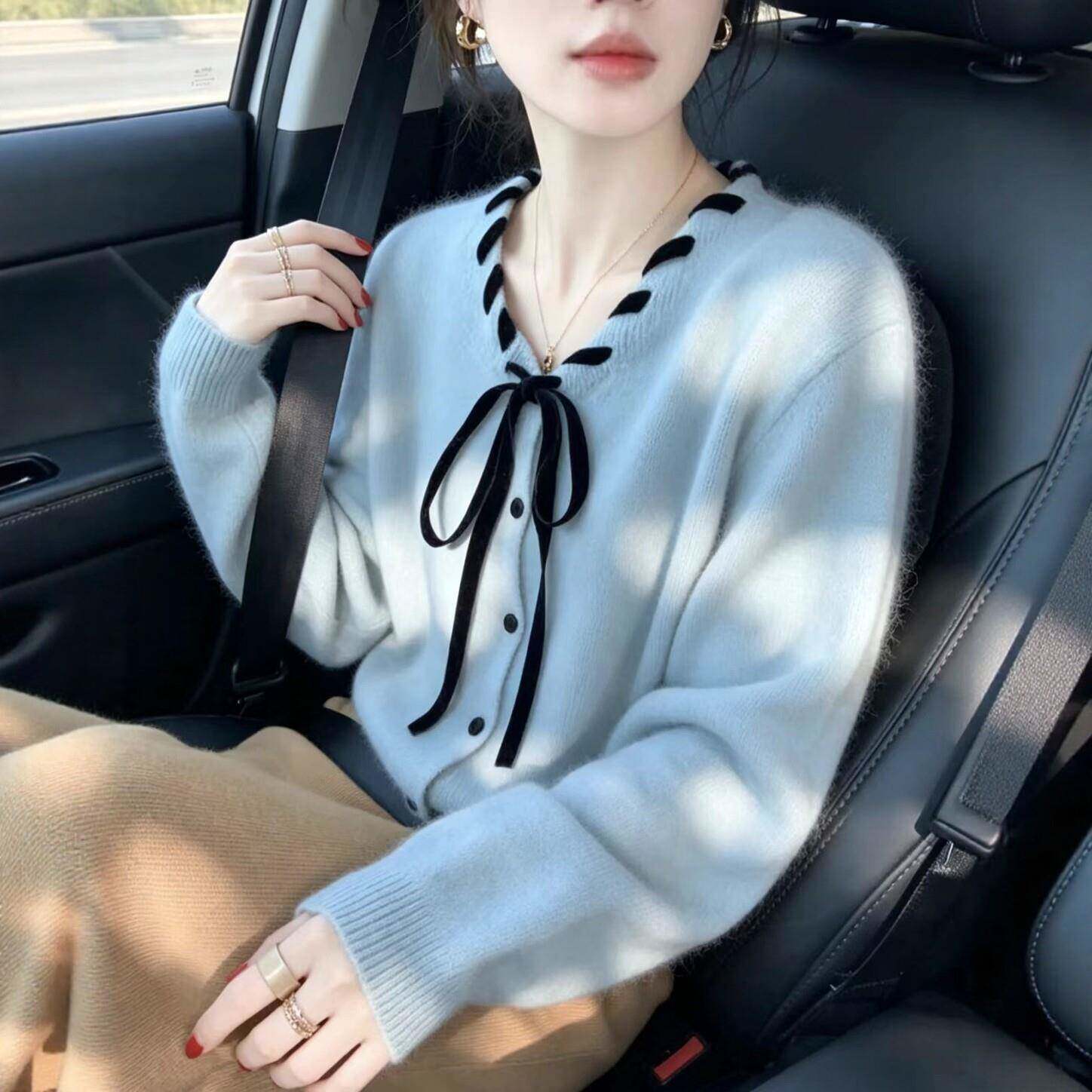 极速蓝色系带软糯毛衣开衫女春秋2026新款法式小众减龄针织衫洋气