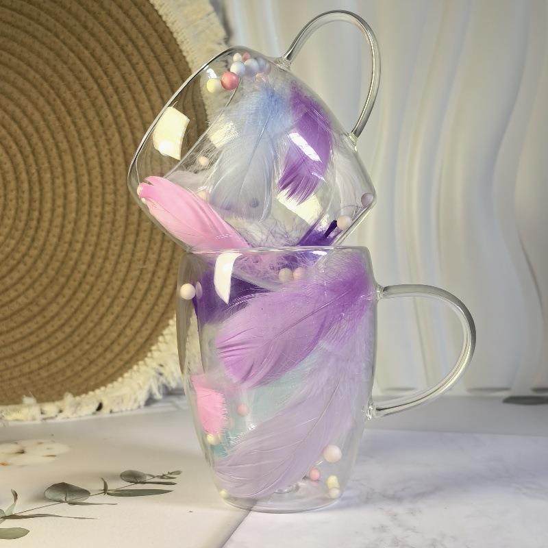 创意风羽毛双层玻璃杯家用咖啡杯跨境新品干花杯马卡龙球流沙杯子,餐饮具,玻璃杯,淘宝优惠券,粉丝福利购,淘宝优惠卷
