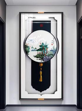 新中式玄关装饰画刺绣实物画高档大气山水画苏绣客厅走廊过道挂画