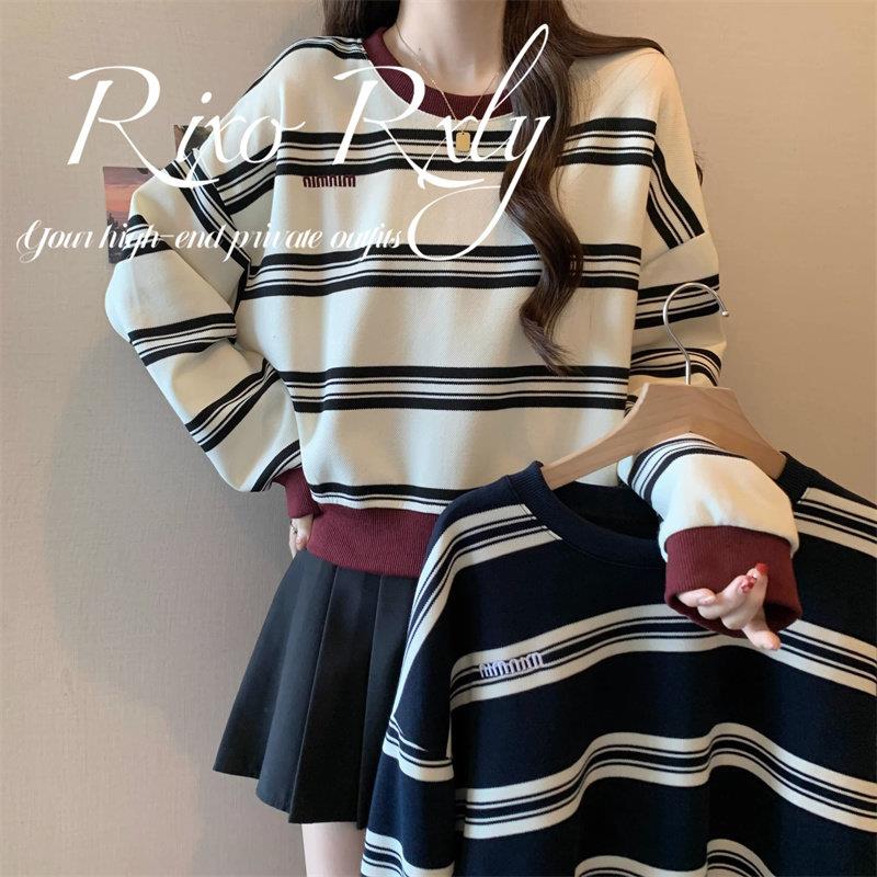 RIXO RXLY大码条纹撞色圆领套头卫衣女春秋季宽松慵懒风休闲上衣
