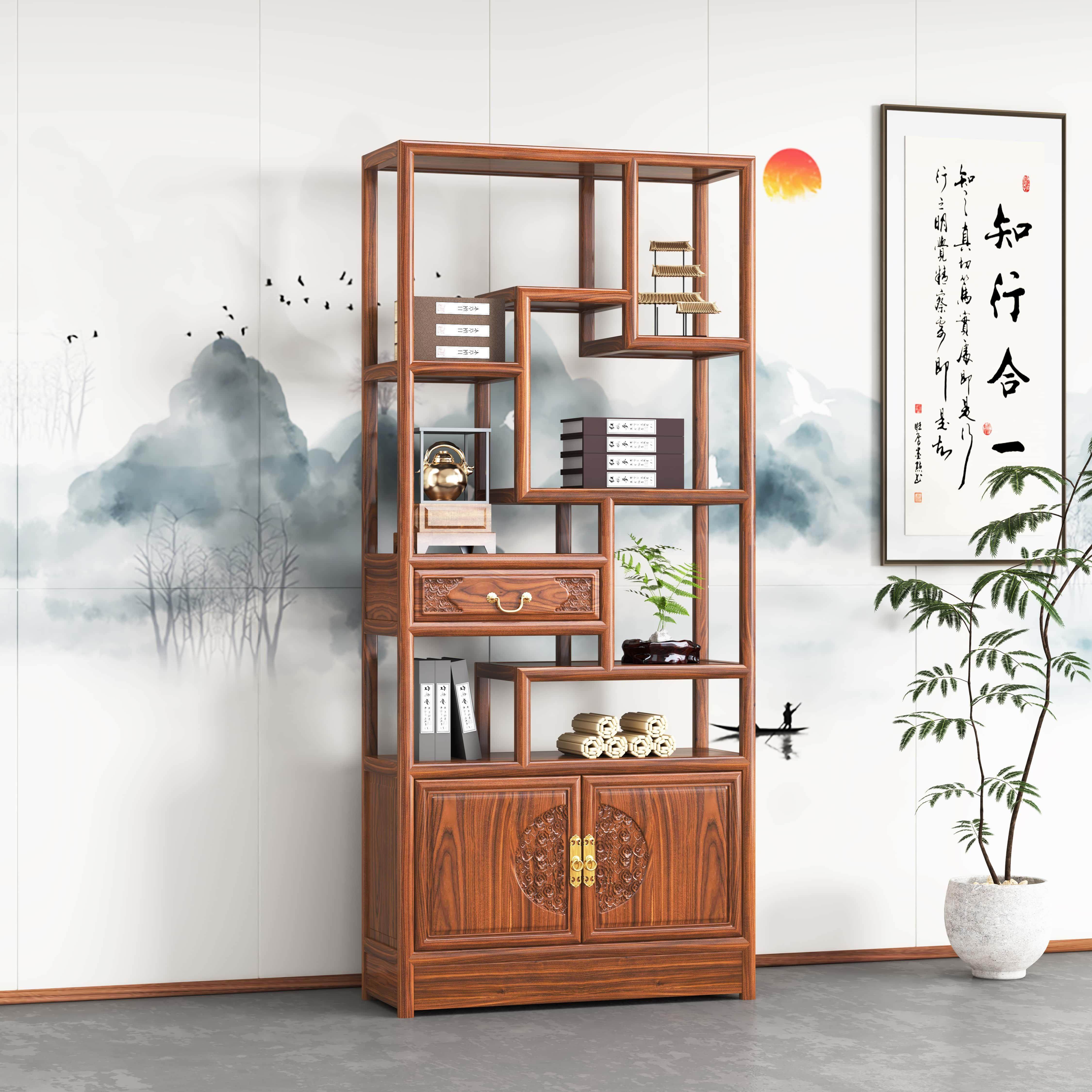 新中式博架多宝阁断隔实木中家具茶叶架展雕花小博示古柜置式物架