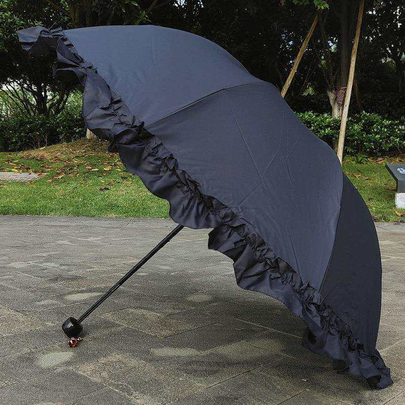 米白色三折太阳伞荷叶边蕾丝防晒遮阳晴雨伞纯色小清新洋伞无