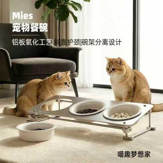 304不锈钢陶瓷猫碗可微波炉加热护颈防打翻极简宠物食盆猫碗套装