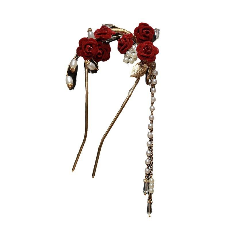 玫瑰花红色流苏发簪高级簪子发饰