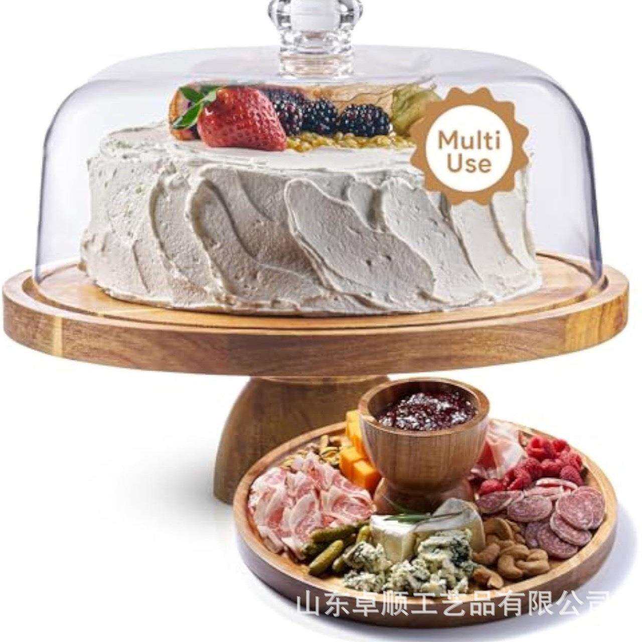 现货相思木高脚餐盘木质蛋糕展示架桌面圆形食物点心带透明罩托盘