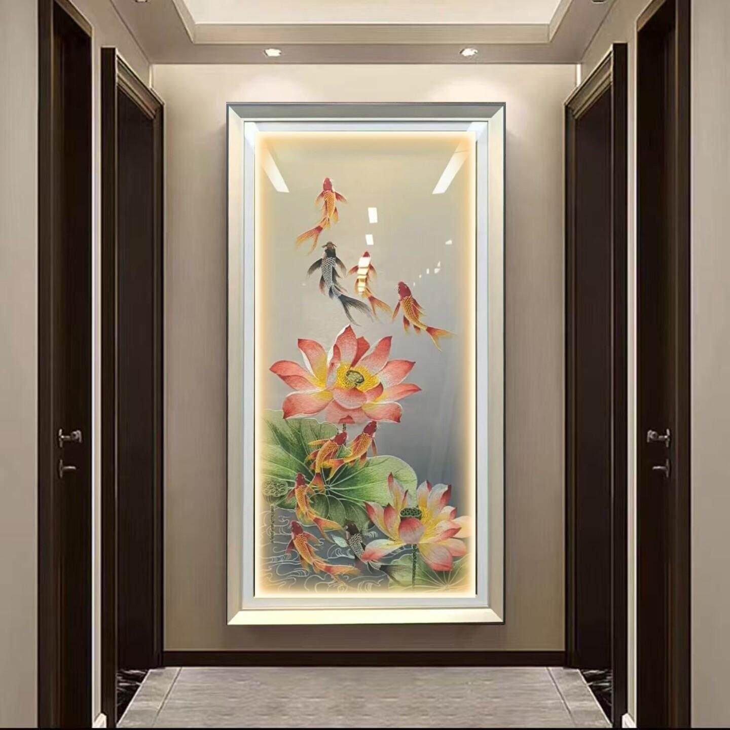 高端苏绣荷花九鱼图玄关装饰画 画走廊过道挂画 画新中式2025新款
