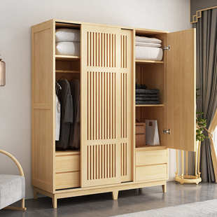 严选新中式衣柜原木风全实木小户型推拉门日式衣橱卧室收纳储物柜