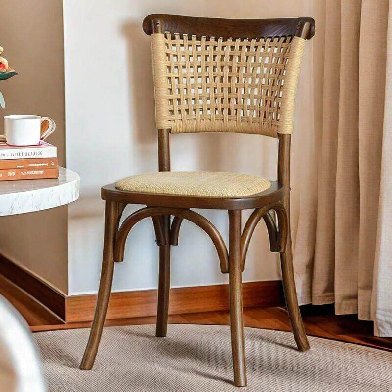北欧咖啡厅餐椅覆古藤编简约椅茶室实木手工编绳舒适田园家用餐椅