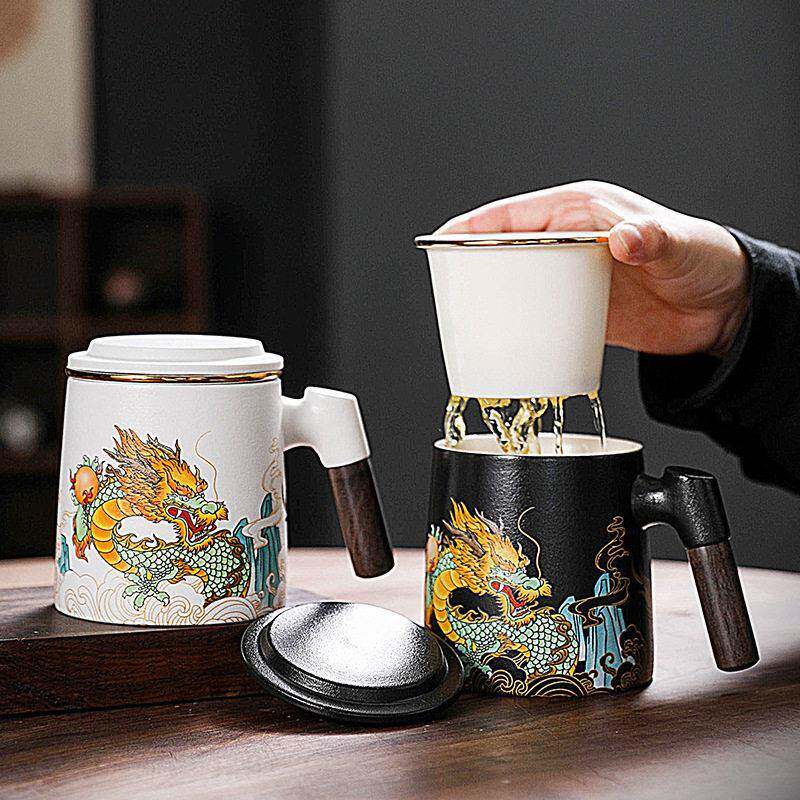 瑞龙呈祥陶瓷水杯带盖过滤茶水分离三件套马克杯公会议商务礼品