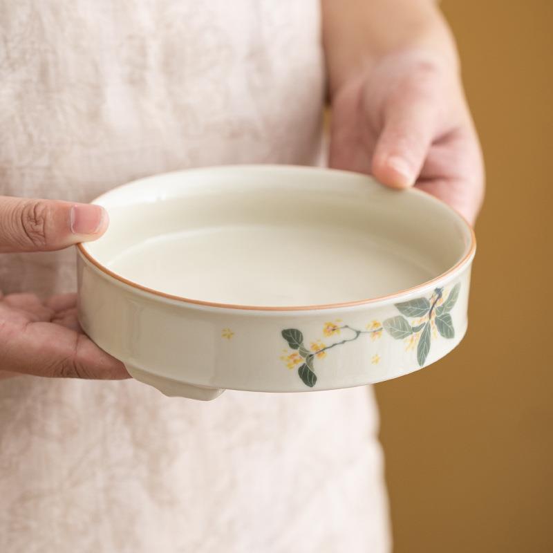冰台三足手绘桂花壶承陶瓷储水圆形托盘家用干泡盘茶承茶壶盖碗