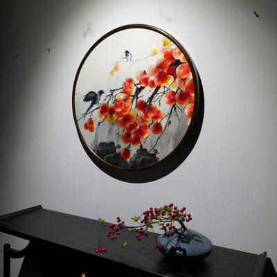 新中式圆形8872柿子图事事如意纯手苏绣饰刺绣玄关过客道走廊厅工