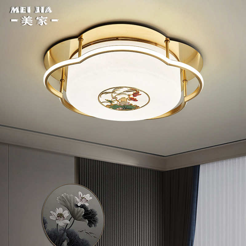 鲤鱼戏荷新中式吸顶灯别墅大气全铜温馨浪漫卧室儿童房间吸顶灯具