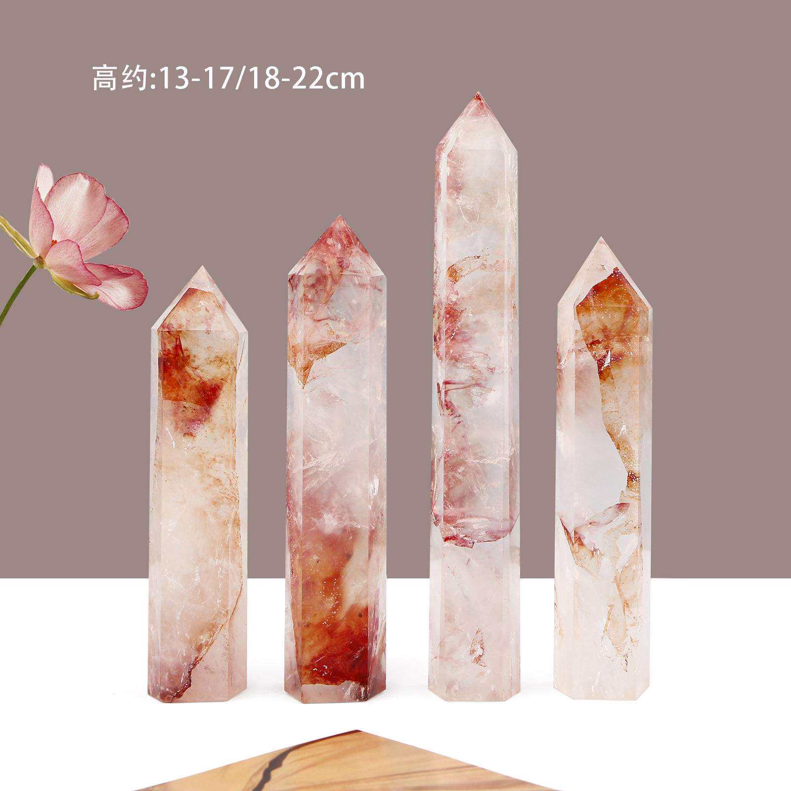 跨境天然水晶红胶花单尖柱摆件水晶柱六棱柱原石打磨办公室桌面