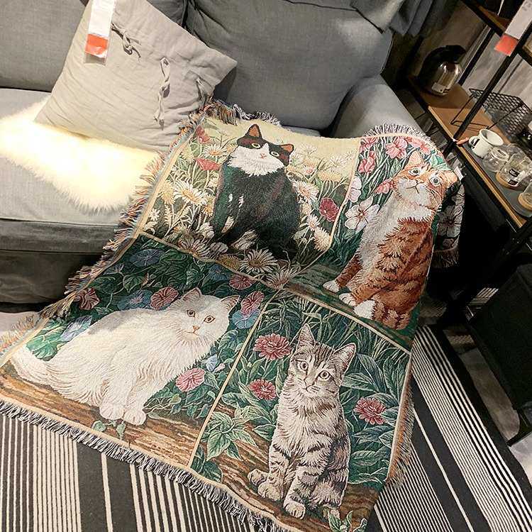 外贸四只猫咪挂毯休闲毯原宿装饰毯宠物毯电视盖毯沙发毯布艺