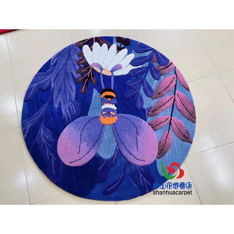 现代简约紫色田园抽象蜜蜂花朵圆形客厅茶几地毯儿童房卧室门口垫