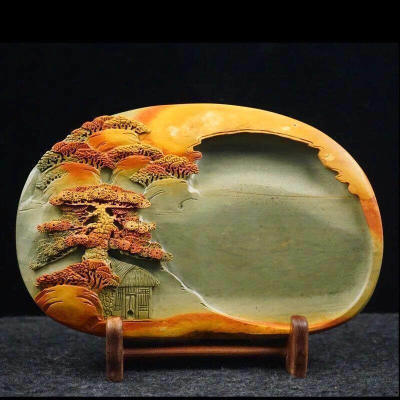 砚台端砚正宗肇庆天然原石礼品收藏精品人工浮雕绿端8寸10寸镇宅