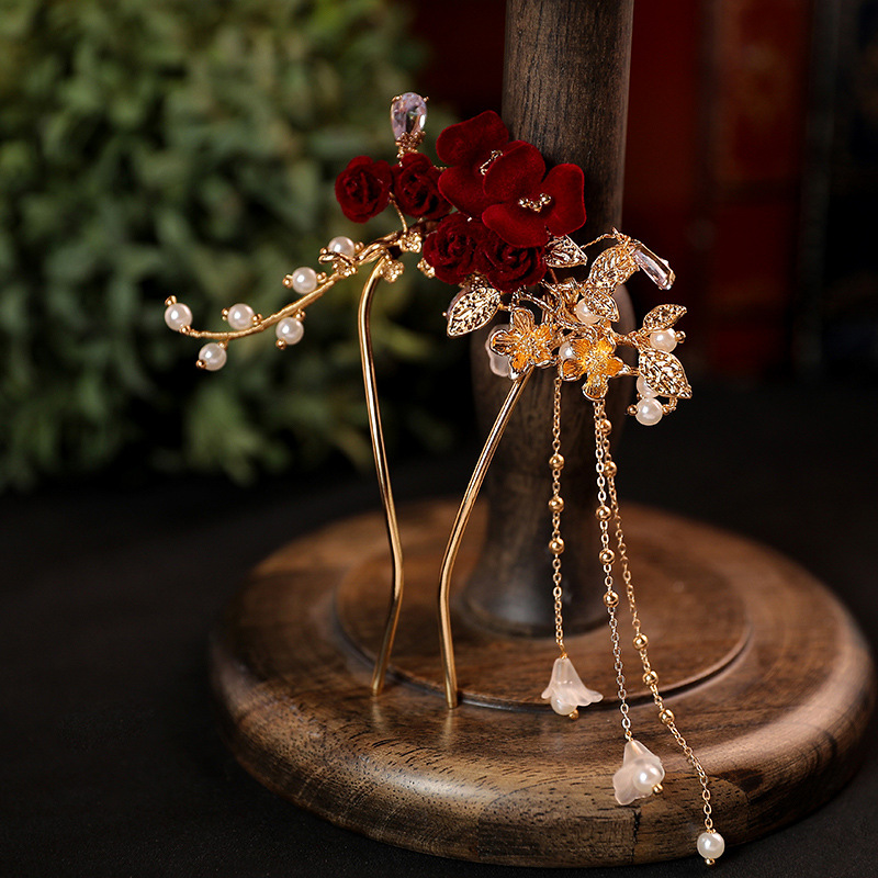 红色复古花朵新娘造型发夹发饰