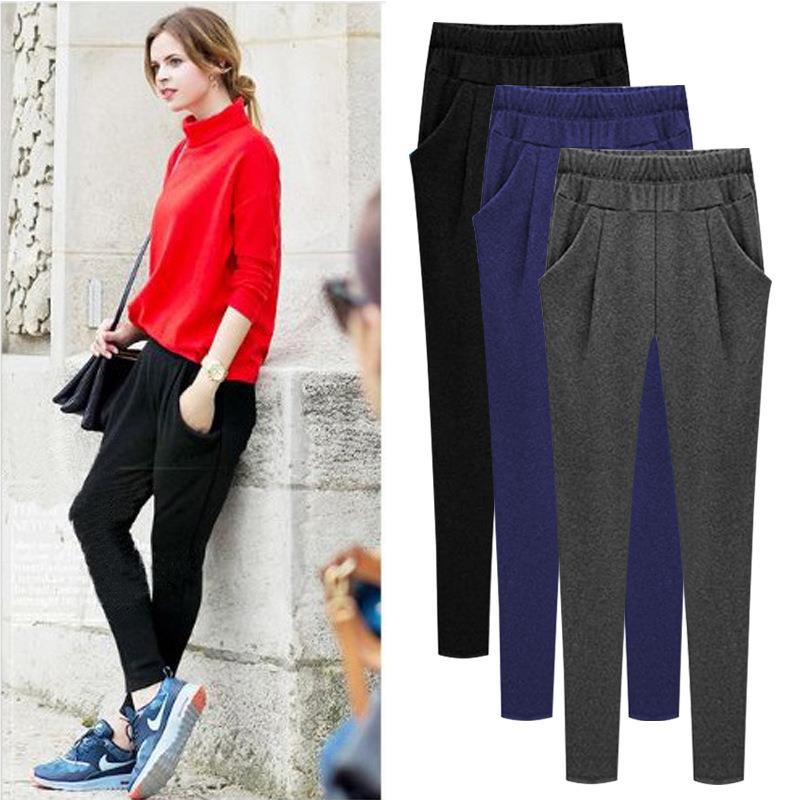 women pockets pants high waist trousers elastic high waist
