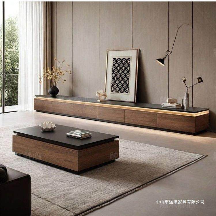 实木电视柜客厅中古风感家用胡桃色落地柜茶几组合储物柜极简