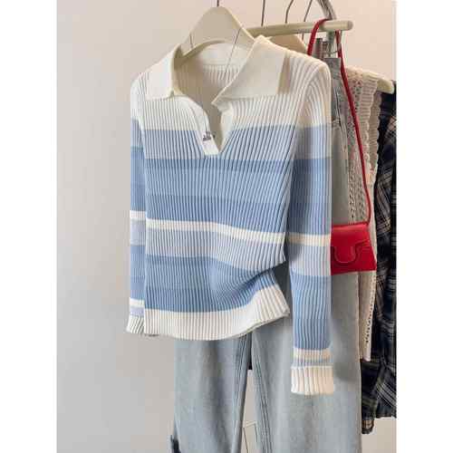 新款洋气秋冬大码女装撞色翻领针织上衣女修身显瘦内搭打底1218h