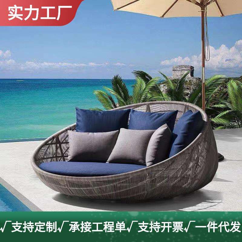 藤编圆床藤艺床户外家具别墅藤躺椅休闲阳台创意藤圆床庭院大圆床