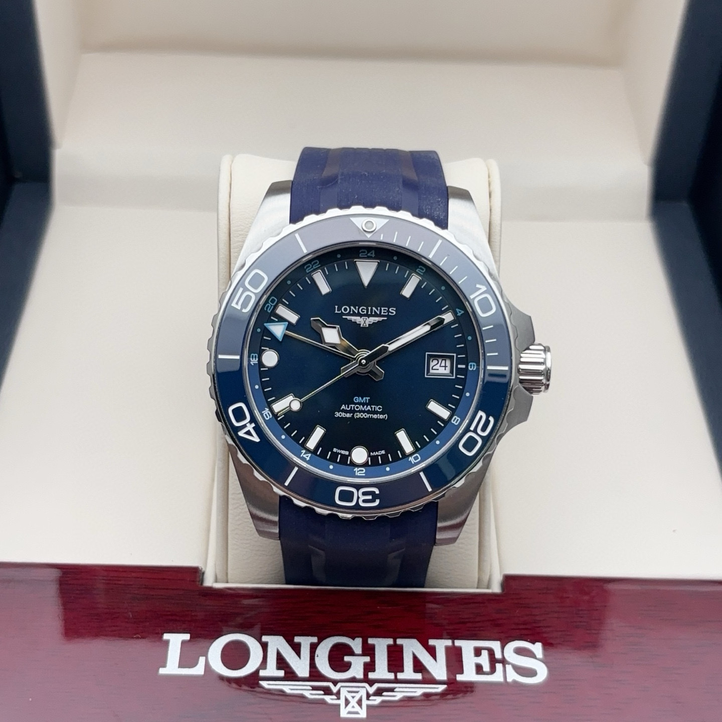 盒证[9.8新]浪琴康卡斯GMT系列钢自动机械胶带男表L3.790.4.96.9