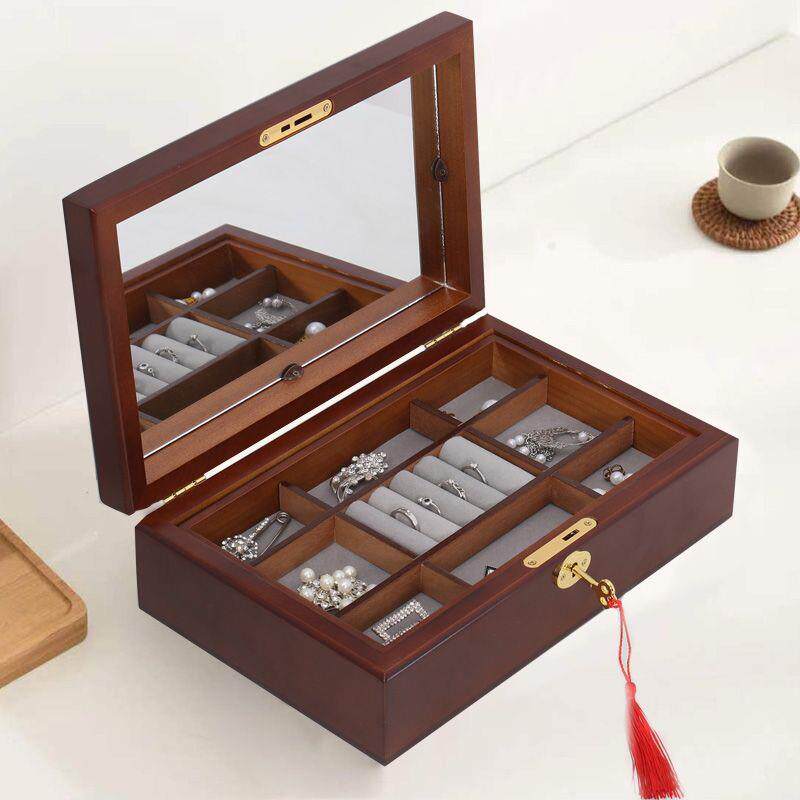 高档带锁木首饰盒木质实首饰收耳纳盒高档珠宝箱精简约饰品盒钉致