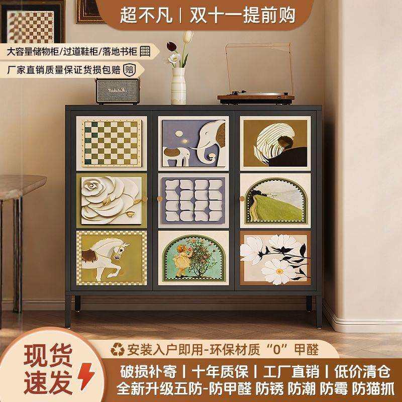 新款加厚钢制餐边柜一体靠墙中古风厨房客厅多功能储物柜法式橱柜