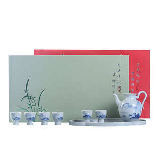 仿古草木灰手绘酒具酒杯带托盘套装 陶瓷中式 家用白酒分酒器商务礼