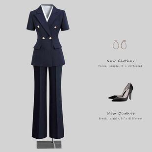 藏青色短袖西装外套女夏季新款高级感上班服考公面试正装西服套装