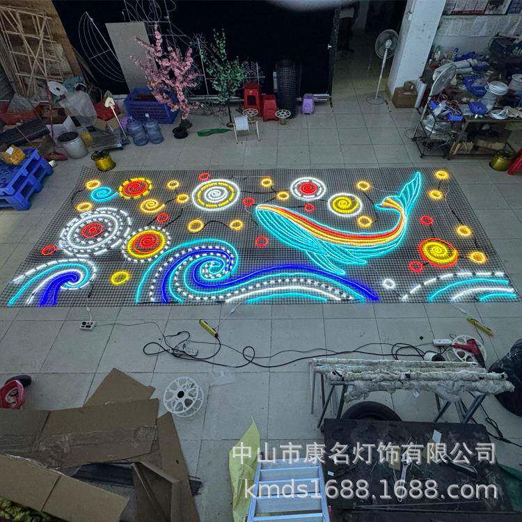 鲸鱼灯饰画 霓虹灯画 墙面装饰画 艺术灯画 海浪造型 鱼类灯