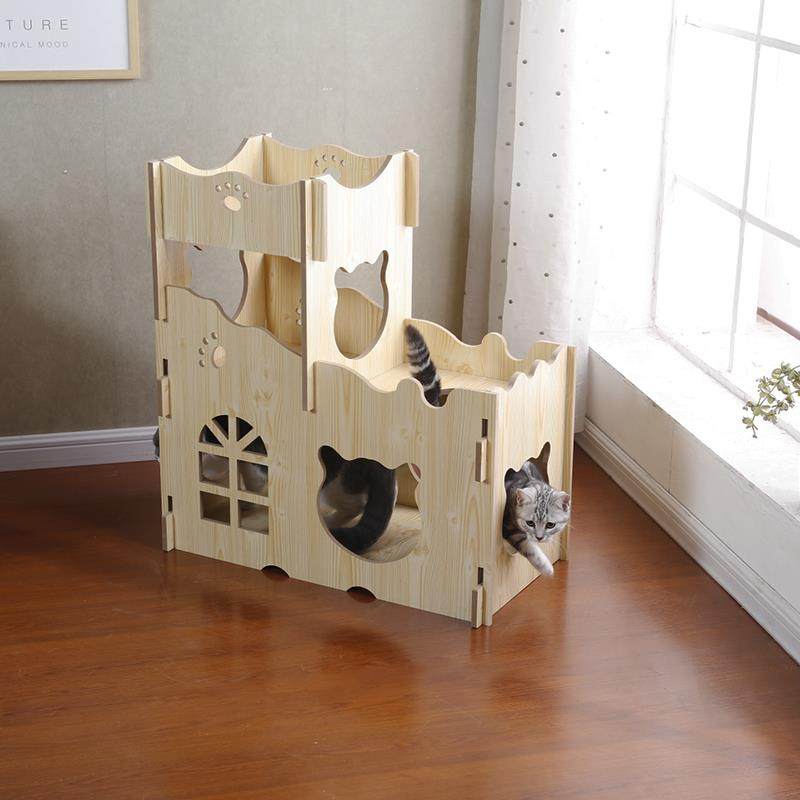 正品木质猫窝猫屋猫咪房子笼猫通城猫堡木箱子四季用双层猫屋狗窝
