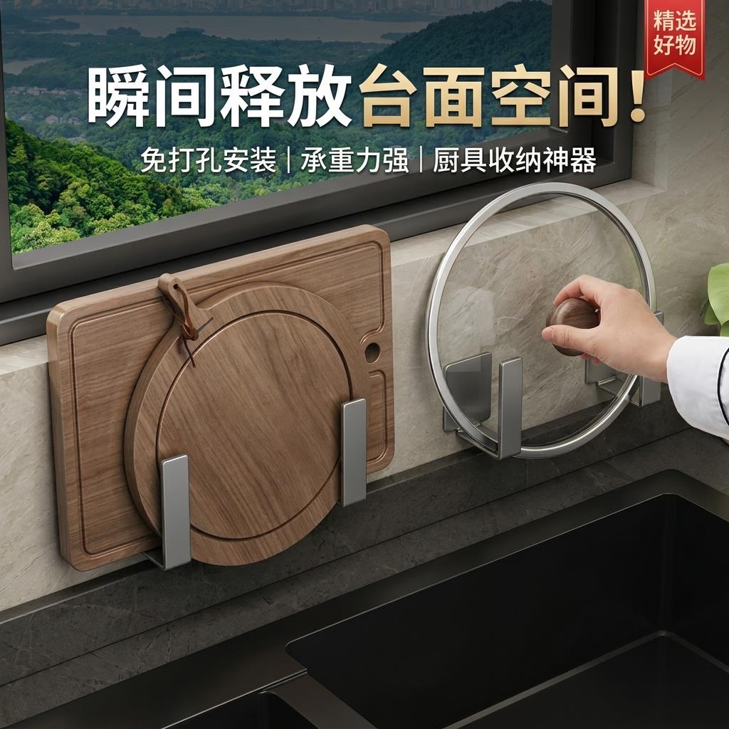锅盖放置器挂墙厨房专用锅盖架免打孔悬挂式菜板底托多功能砧板架图片