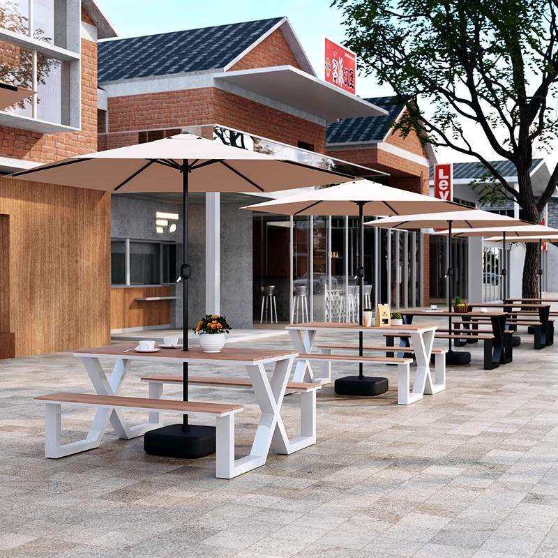 市政公园广场售楼部奶茶咖啡厅户外休闲桌椅组合露天带伞一体桌椅