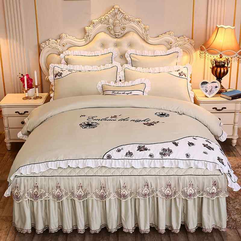 高档欧式四件套裙款婚庆大红色夹棉天蕾丝m花边公主风夏1.8床上套