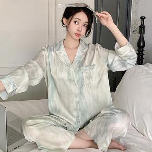休闲透气开衫 春秋季 薄款 冰丝睡衣女高级感长袖 女士家居服套装