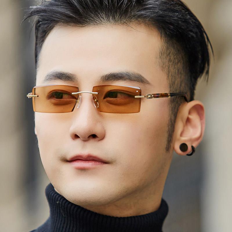 无框变色眼镜男防蓝光切边镶钻太阳镜墨镜近视平光防紫外线88025