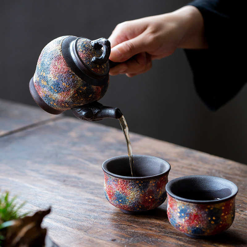 手工粗侧陶陶瓷七彩壶茶具家用提梁复古功夫单岩壶泡茶把泥壶茶壶