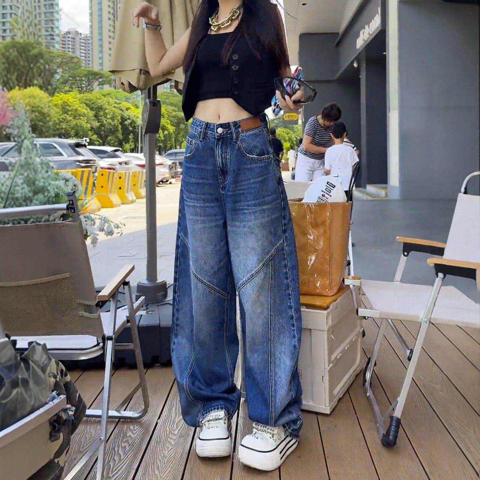 SPYB时尚高腰显瘦阔腿牛仔裤女春秋新款宽松美式直筒弯刀老爹裤子