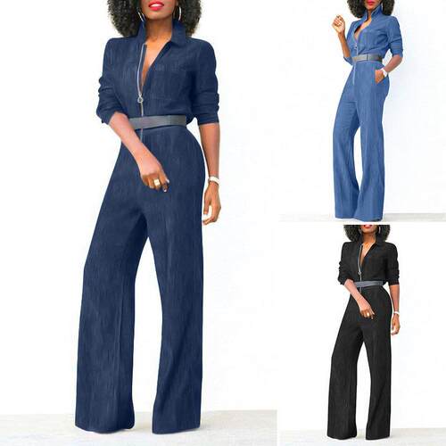 Large zipper denim women's jumpsuit
