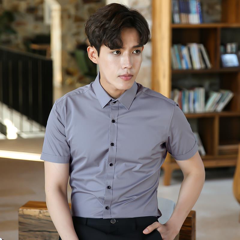 高档作灰色衬衫男潮袖夏季职业装工服商务工装男士正白衬衣夏短薄