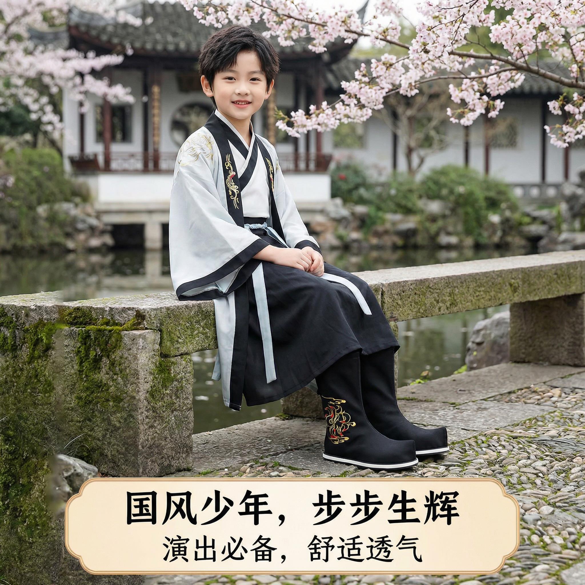 儿童汉服鞋男童古装明制古风鞋书童靴子锦衣卫增高戏靴古代翘头靴图片