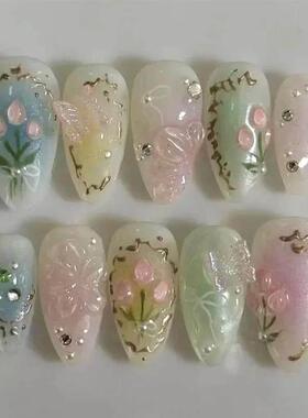 24pcs Short Almond Press on Nails 3D Flower Butterfly Fake N