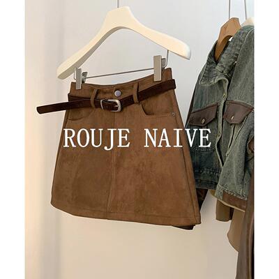 ROUJE NAIVEa字棕色短裙女春秋2026加厚高腰复古包臀美拉德麂皮裙